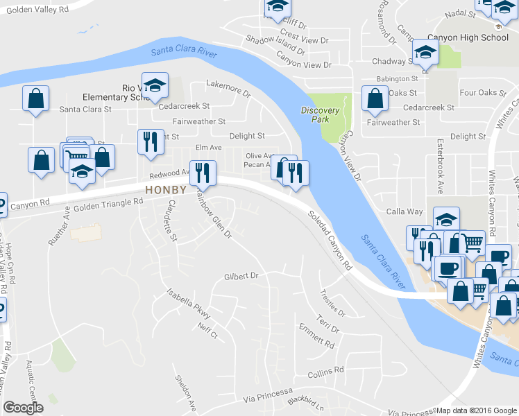 map of restaurants, bars, coffee shops, grocery stores, and more near 26974 Flo Lane in Santa Clarita