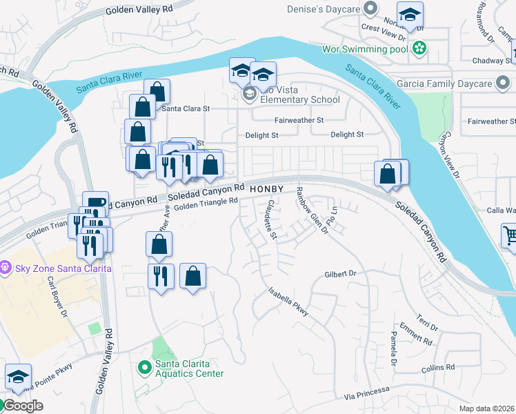 map of restaurants, bars, coffee shops, grocery stores, and more near 26867 Claudette Street in Santa Clarita