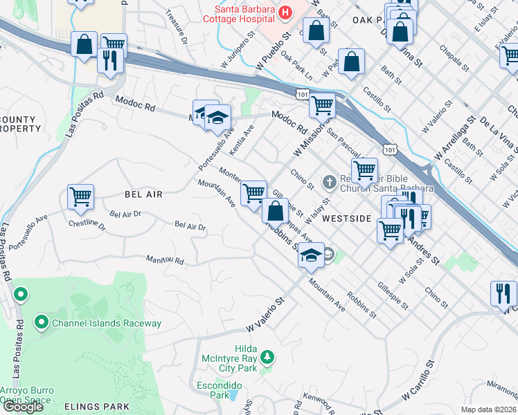 map of restaurants, bars, coffee shops, grocery stores, and more near 925 West Mission Street in Santa Barbara