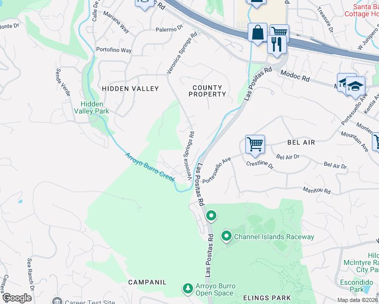 map of restaurants, bars, coffee shops, grocery stores, and more near 1125 Veronica Springs Road in Santa Barbara