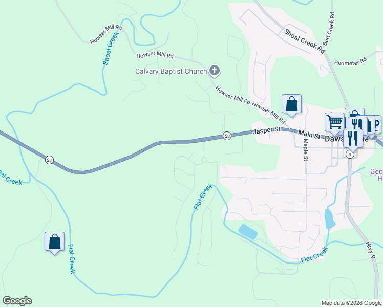 map of restaurants, bars, coffee shops, grocery stores, and more near 753 Highway 53 in Dawsonville