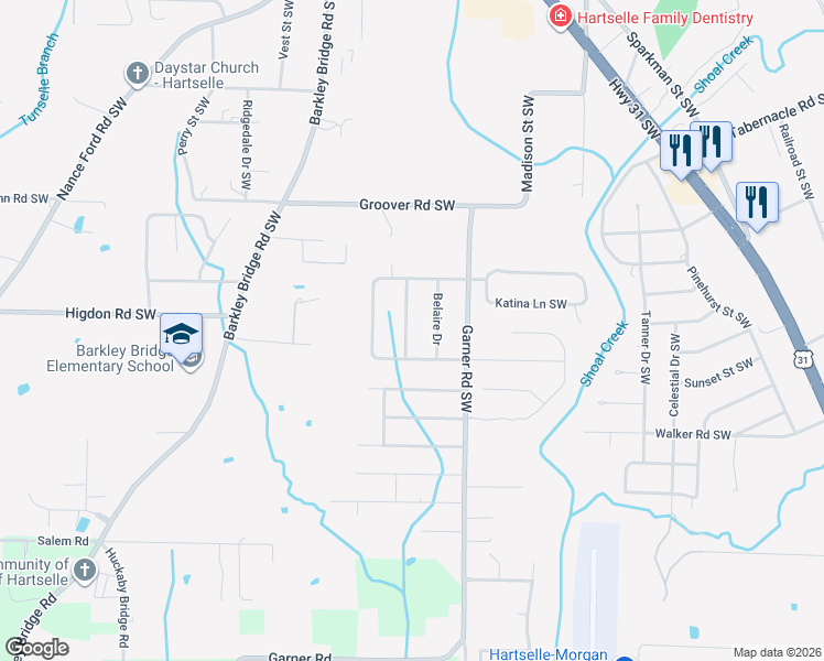 map of restaurants, bars, coffee shops, grocery stores, and more near 2200 Springdale Drive Southwest in Hartselle