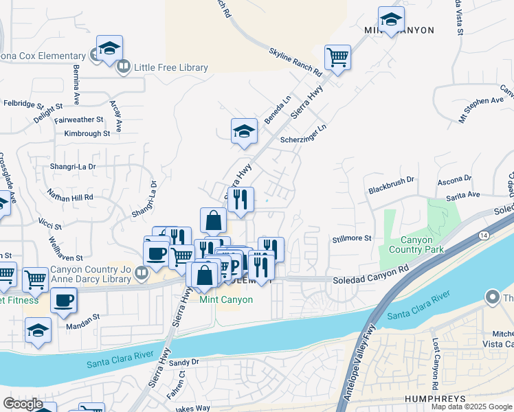 map of restaurants, bars, coffee shops, grocery stores, and more near 18105 Sundowner Way in Santa Clarita