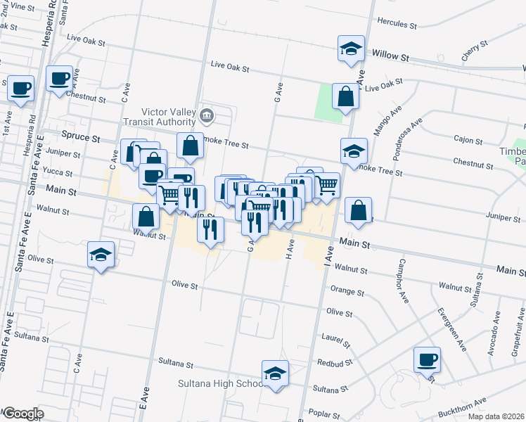 map of restaurants, bars, coffee shops, grocery stores, and more near 9297 G Avenue in Hesperia