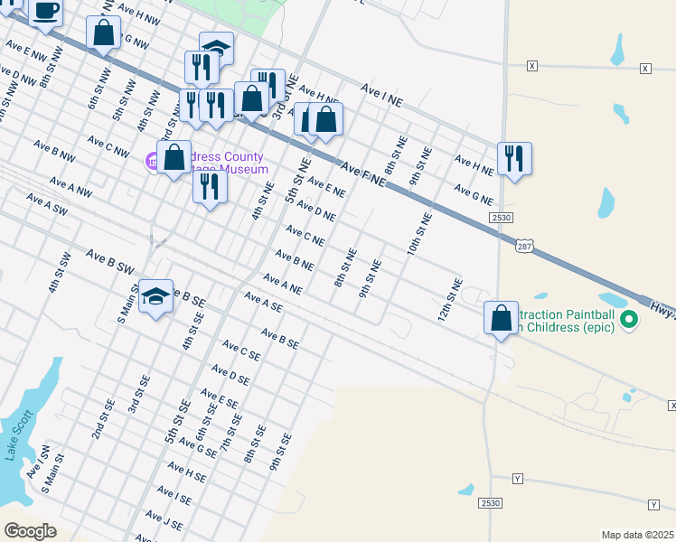 map of restaurants, bars, coffee shops, grocery stores, and more near 200-298 8th Street Northeast in Childress