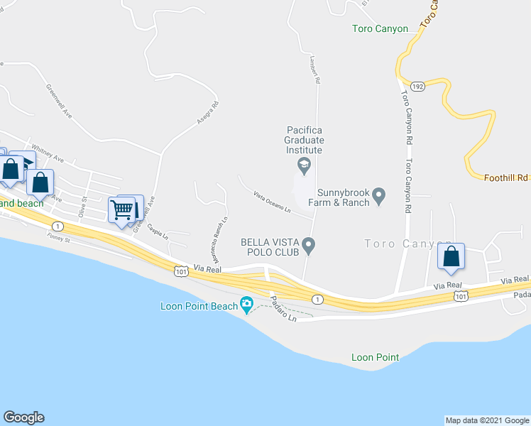 map of restaurants, bars, coffee shops, grocery stores, and more near 2709 Vista Oceano Lane in Summerland