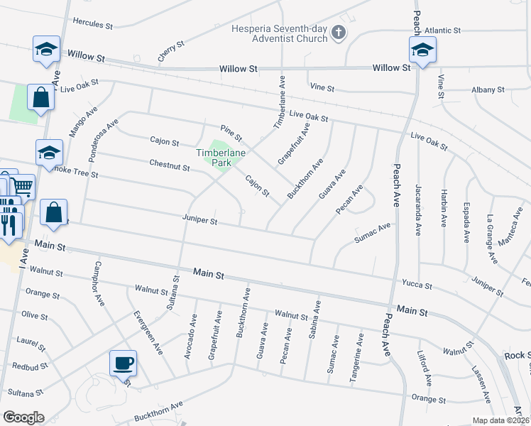map of restaurants, bars, coffee shops, grocery stores, and more near 9290 Buckthorn Avenue in Hesperia