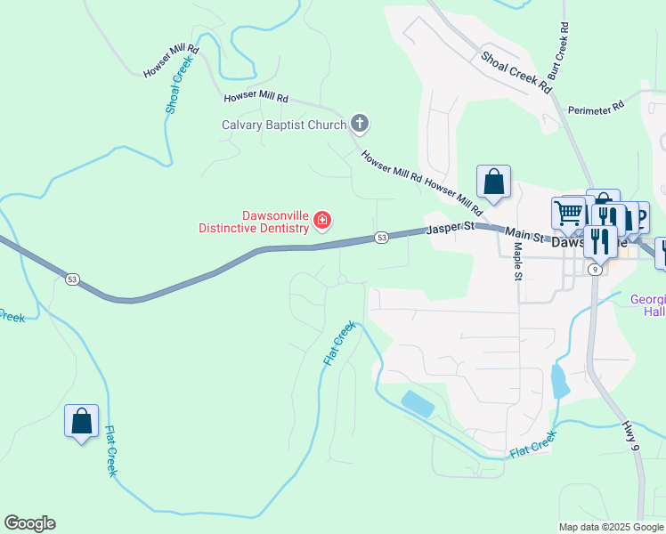 map of restaurants, bars, coffee shops, grocery stores, and more near 60 Creekstone Lane in Dawsonville