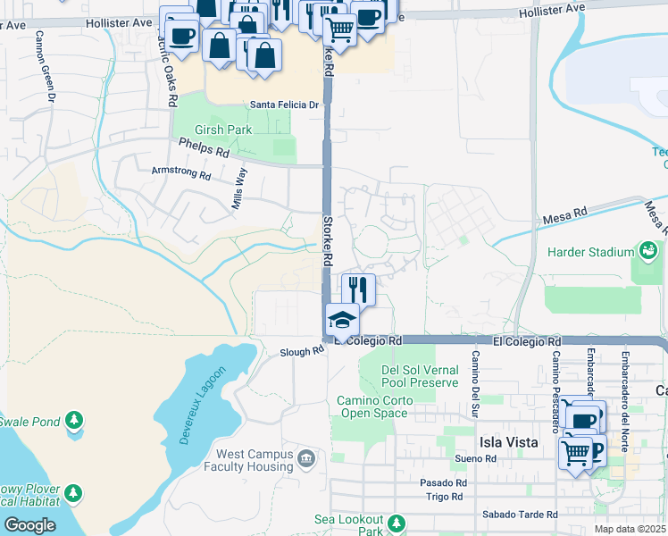 map of restaurants, bars, coffee shops, grocery stores, and more near 6898 Willowgrove Drive in Goleta