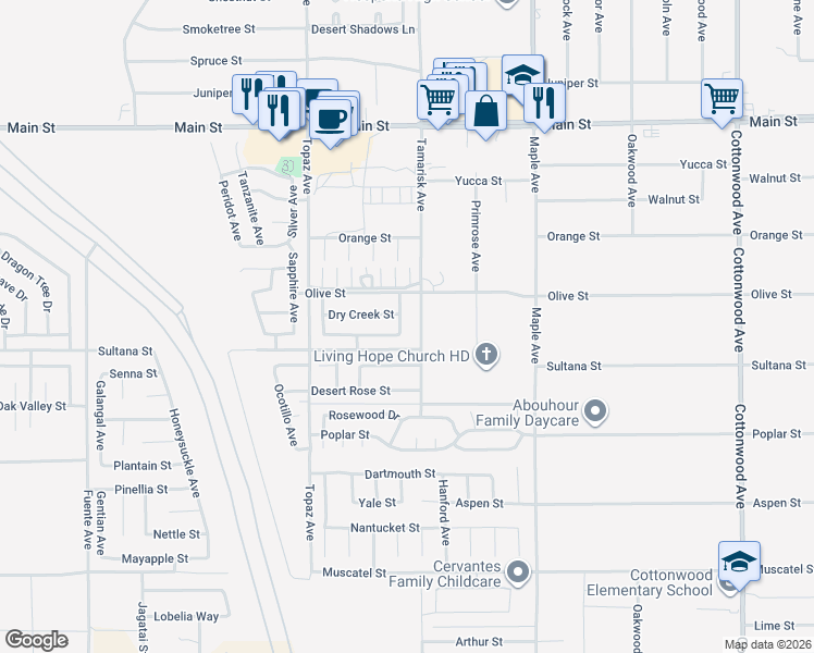 map of restaurants, bars, coffee shops, grocery stores, and more near 9344 Tamarisk Avenue in Hesperia