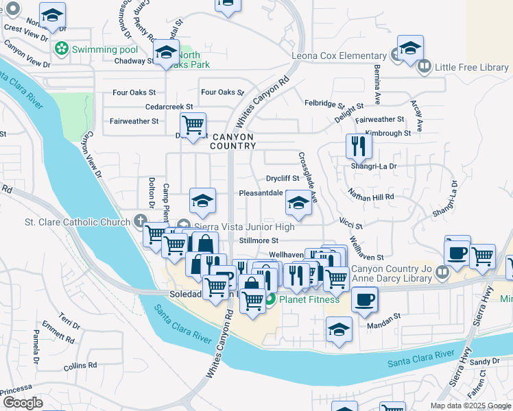 map of restaurants, bars, coffee shops, grocery stores, and more near 27435 Walnut Springs Avenue in Santa Clarita