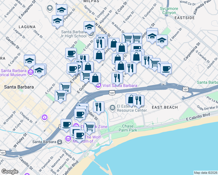 map of restaurants, bars, coffee shops, grocery stores, and more near 208 N Calle Cesar Chavez in Santa Barbara