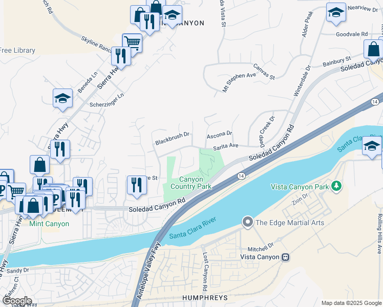 map of restaurants, bars, coffee shops, grocery stores, and more near 17524 Sarita Avenue in Santa Clarita