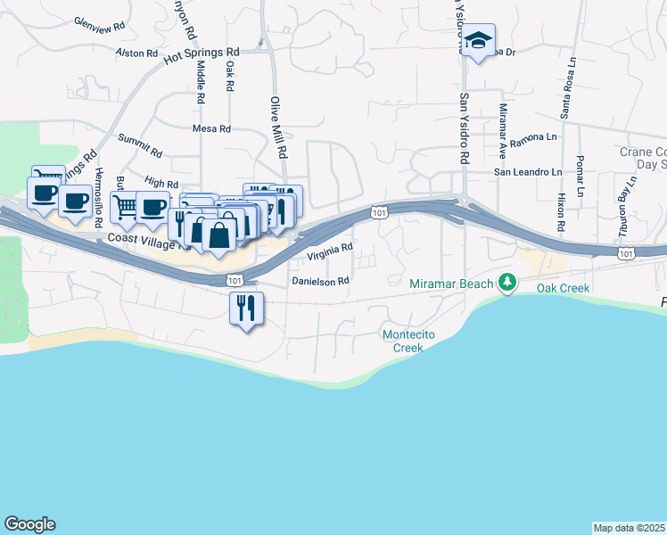 map of restaurants, bars, coffee shops, grocery stores, and more near 80 Virginia Lane in Montecito