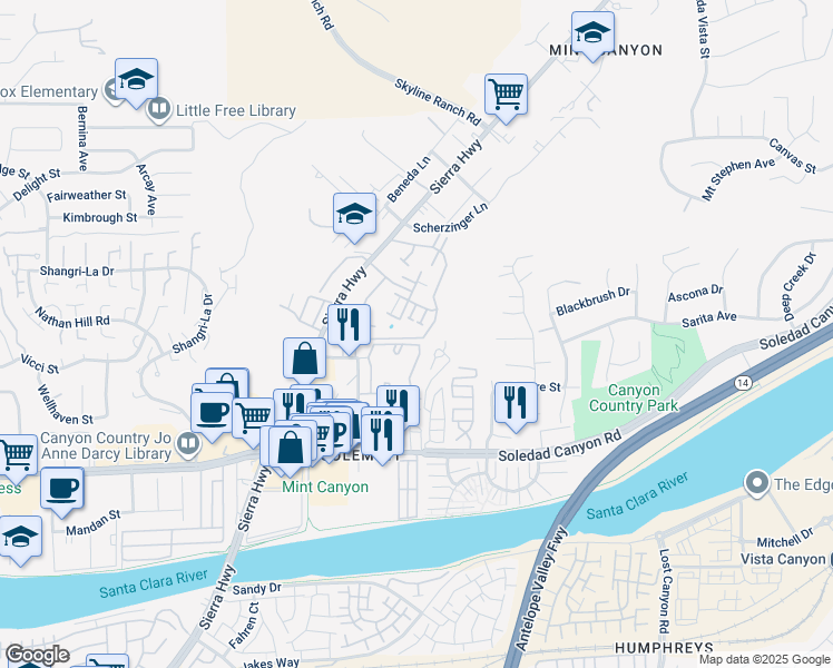 map of restaurants, bars, coffee shops, grocery stores, and more near 18053 Sundowner Way in Santa Clarita
