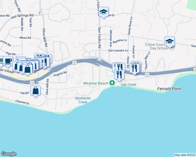map of restaurants, bars, coffee shops, grocery stores, and more near 62 Humphrey Road in Montecito