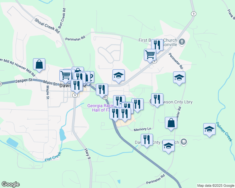 map of restaurants, bars, coffee shops, grocery stores, and more near 332 Georgia 9 in Dawsonville