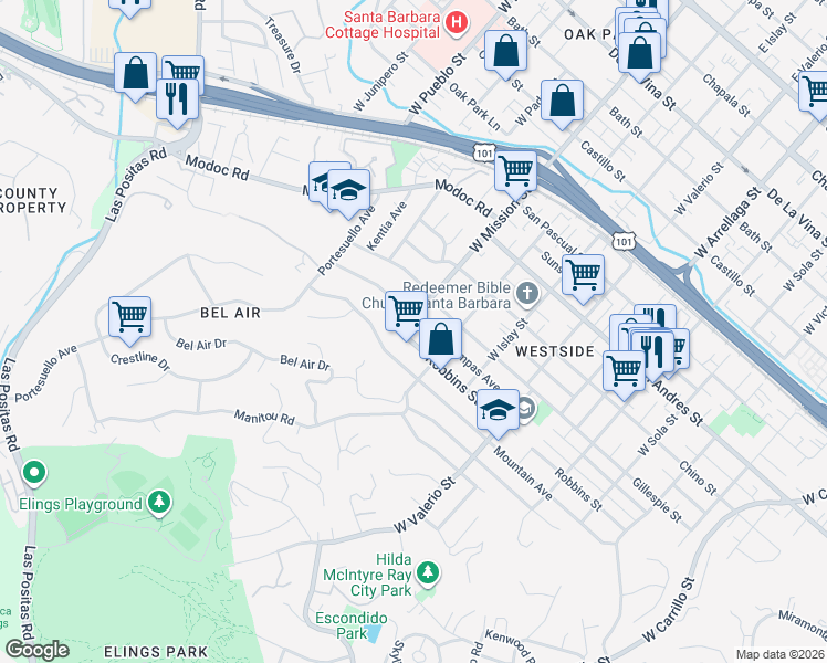 map of restaurants, bars, coffee shops, grocery stores, and more near 927 West Mission Street in Santa Barbara