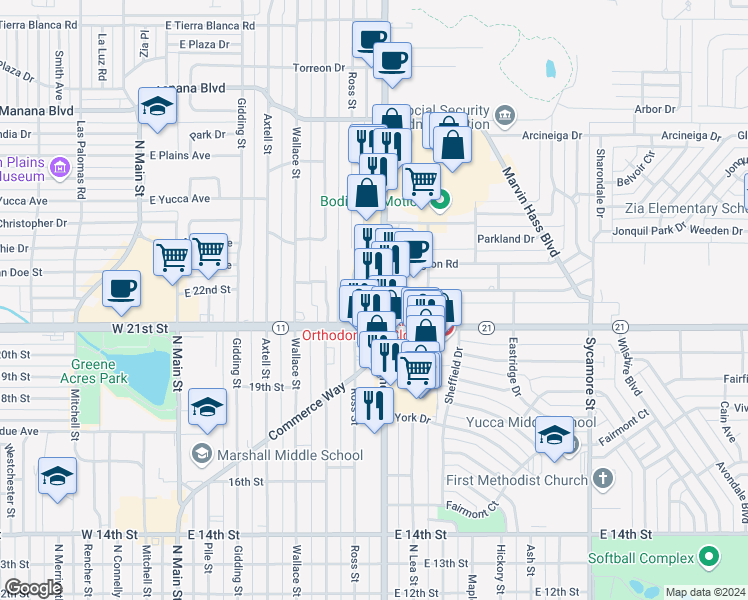 map of restaurants, bars, coffee shops, grocery stores, and more near 2124 N Prince St in Clovis
