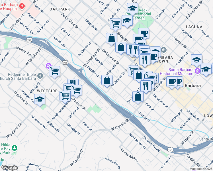 map of restaurants, bars, coffee shops, grocery stores, and more near 1313 A Castillo Street in Santa Barbara