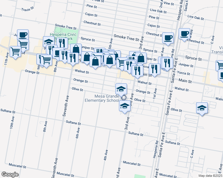 map of restaurants, bars, coffee shops, grocery stores, and more near 16149 Orange Street in Hesperia