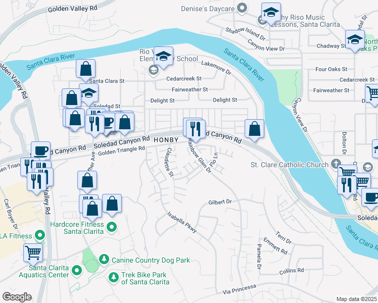 map of restaurants, bars, coffee shops, grocery stores, and more near 26941 Rainbow Glen Drive in Santa Clarita