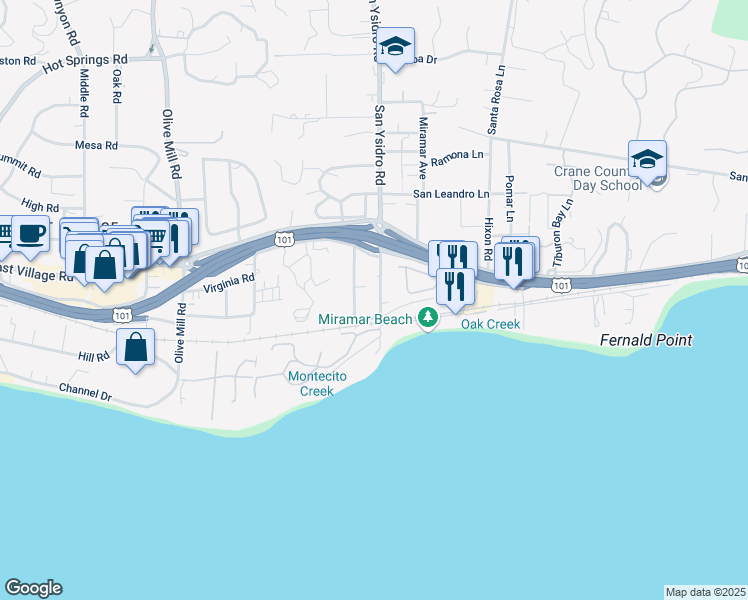 map of restaurants, bars, coffee shops, grocery stores, and more near 62 Humphrey Road in Montecito