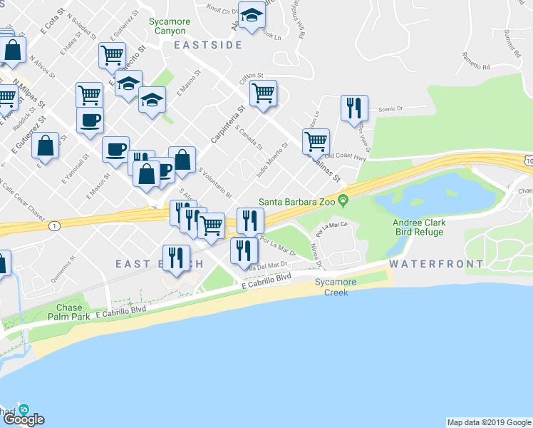 map of restaurants, bars, coffee shops, grocery stores, and more near 1115 Punta Gorda Street in Santa Barbara