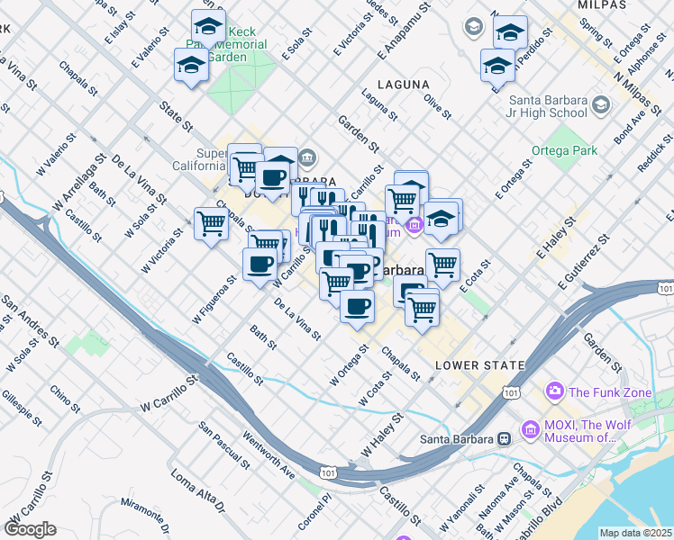 map of restaurants, bars, coffee shops, grocery stores, and more near 913 State Street in Santa Barbara