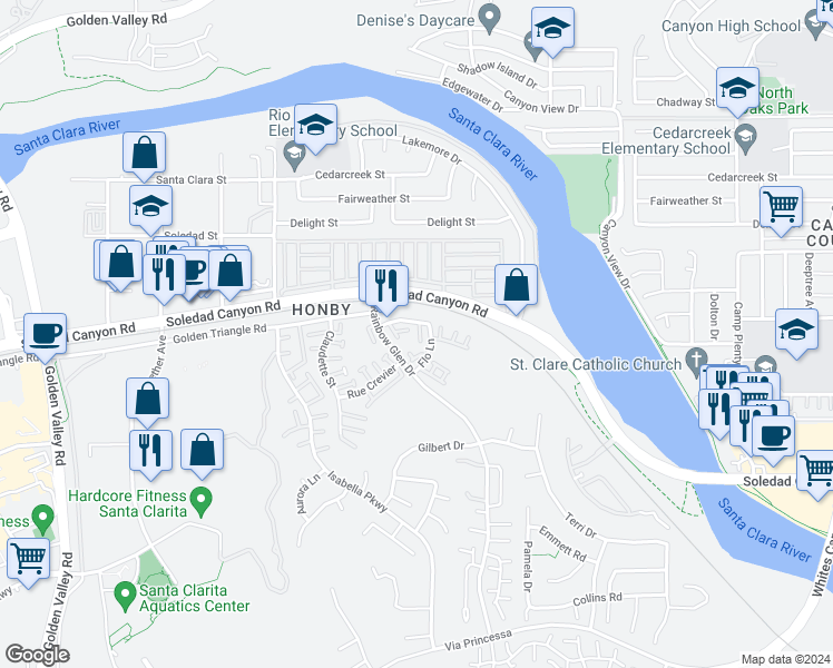 map of restaurants, bars, coffee shops, grocery stores, and more near 20214 Fanchon Lane in Santa Clarita