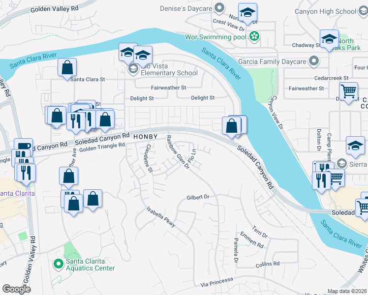 map of restaurants, bars, coffee shops, grocery stores, and more near in Santa Clarita