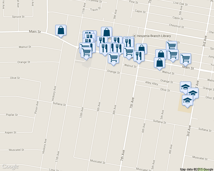 map of restaurants, bars, coffee shops, grocery stores, and more near 9327 9th Avenue in Hesperia