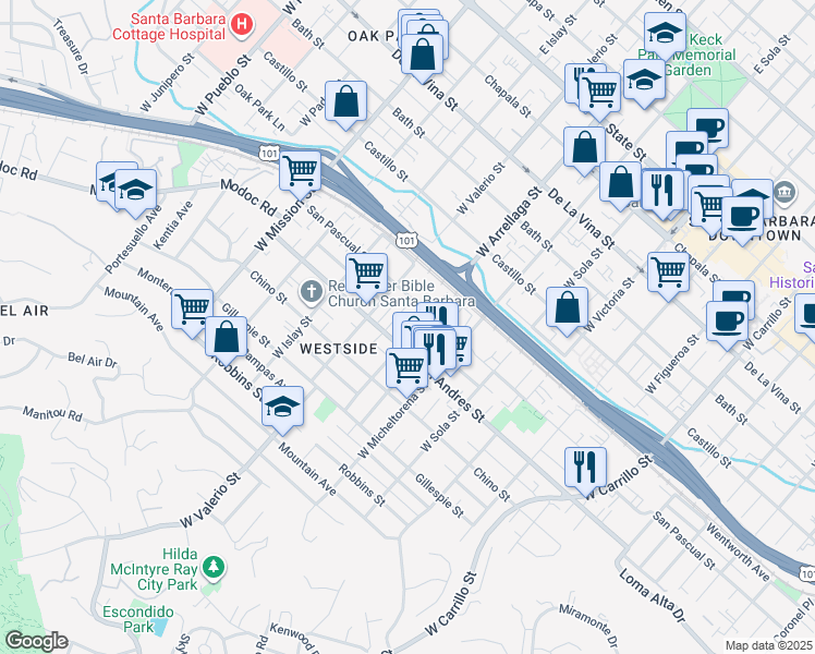 map of restaurants, bars, coffee shops, grocery stores, and more near 601 West Arrellaga Street in Santa Barbara