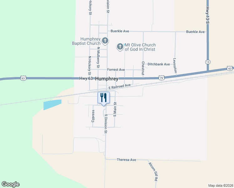 map of restaurants, bars, coffee shops, grocery stores, and more near 200 South Main Street in Humphrey