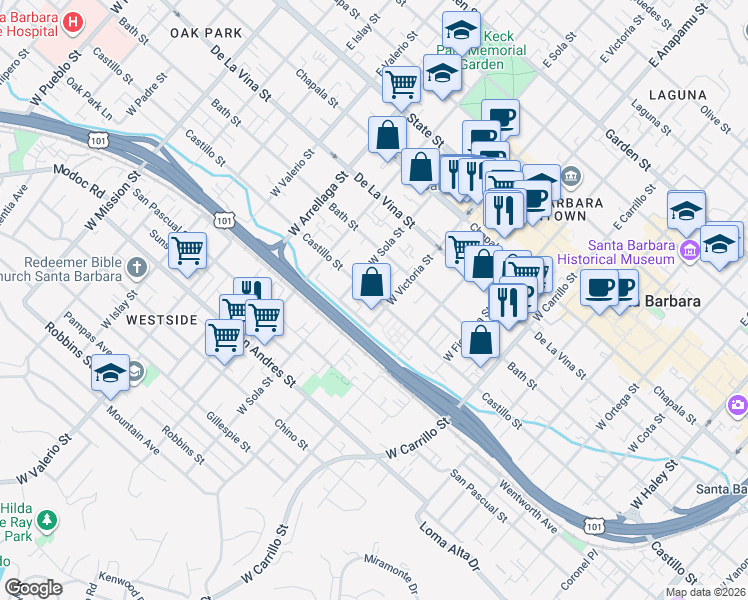 map of restaurants, bars, coffee shops, grocery stores, and more near in Santa Barbara