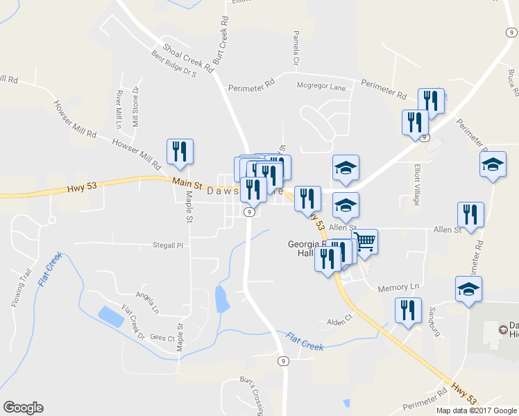 map of restaurants, bars, coffee shops, grocery stores, and more near 78 E 1st St in Dawsonville