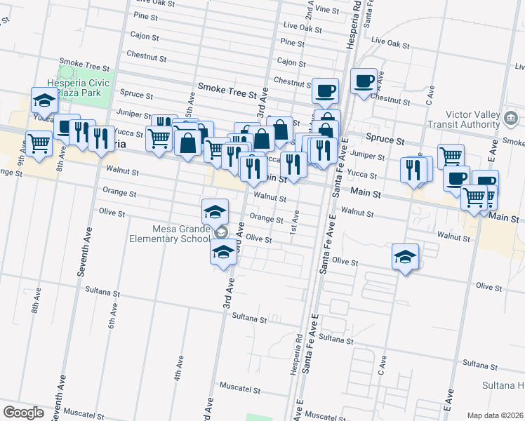 map of restaurants, bars, coffee shops, grocery stores, and more near Orange Street in Hesperia