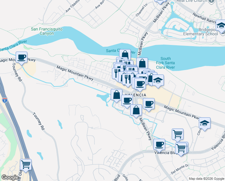 map of restaurants, bars, coffee shops, grocery stores, and more near 24600 Avignon Drive in Santa Clarita