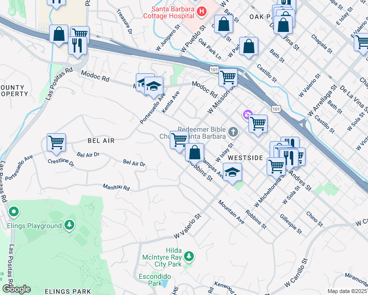 map of restaurants, bars, coffee shops, grocery stores, and more near 925 West Mission Street in Santa Barbara