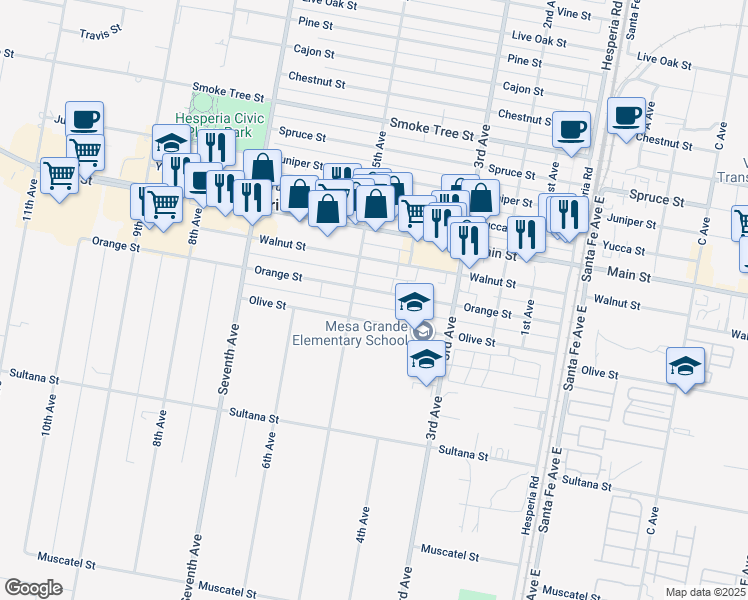 map of restaurants, bars, coffee shops, grocery stores, and more near 16149 Orange Street in Hesperia