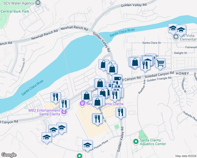 map of restaurants, bars, coffee shops, grocery stores, and more near 21205 Willow Weed Way in Santa Clarita