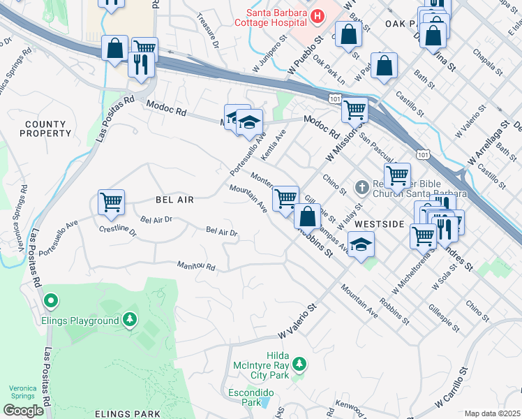 map of restaurants, bars, coffee shops, grocery stores, and more near 2033 Mountain Avenue in Santa Barbara