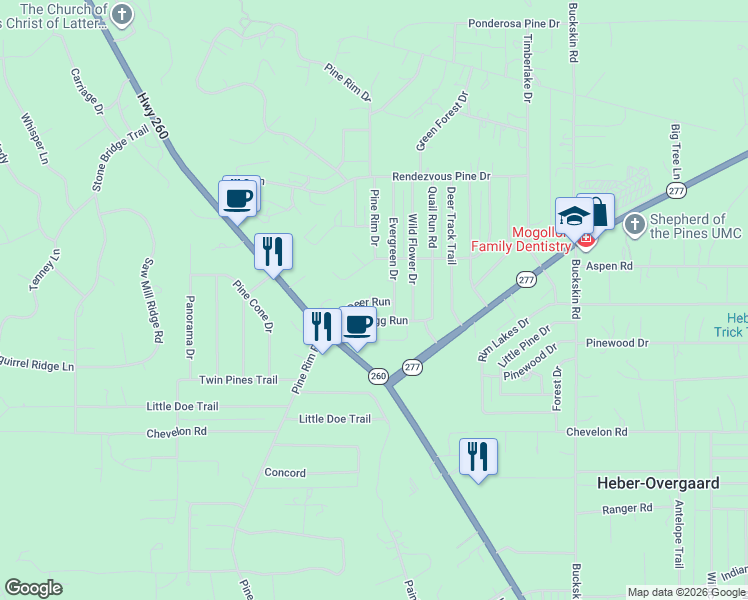 map of restaurants, bars, coffee shops, grocery stores, and more near 1992 Red Deer Run in Heber-Overgaard