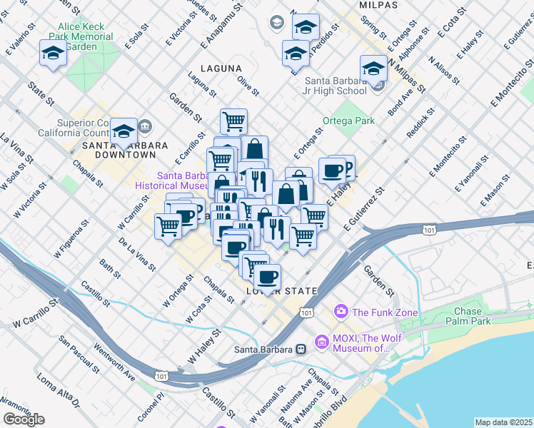 map of restaurants, bars, coffee shops, grocery stores, and more near 612 Santa Barbara Street in Santa Barbara