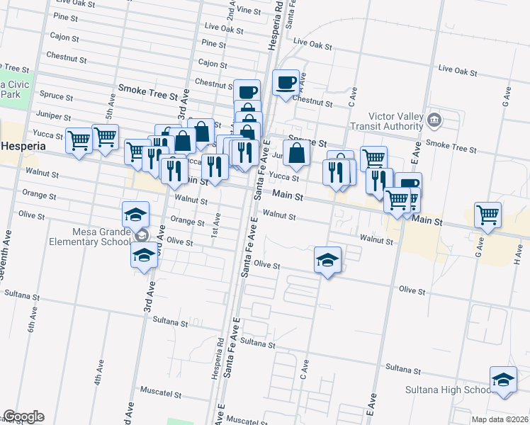 map of restaurants, bars, coffee shops, grocery stores, and more near Walnut Street in Hesperia