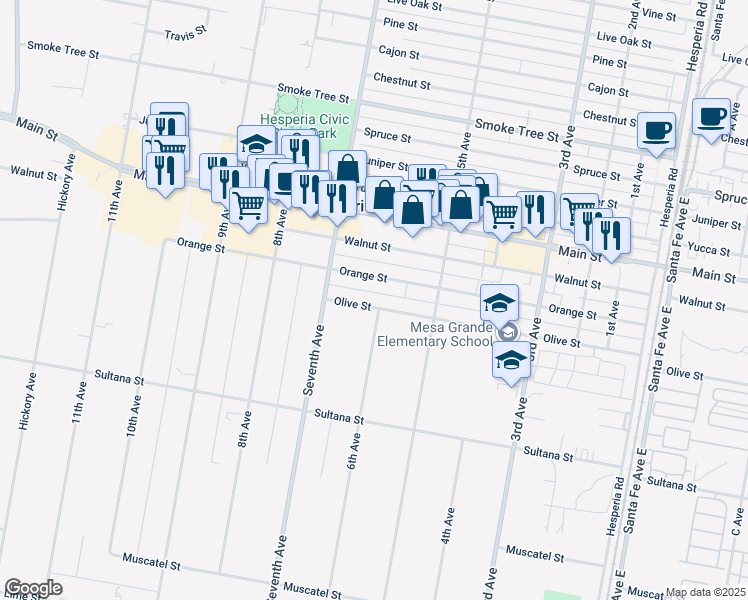 map of restaurants, bars, coffee shops, grocery stores, and more near 15984 Olive Street in Hesperia