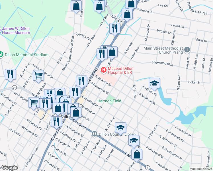 map of restaurants, bars, coffee shops, grocery stores, and more near 400 East Jackson Street in Dillon