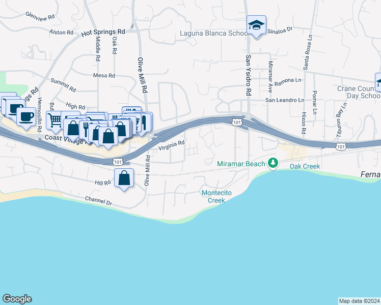 map of restaurants, bars, coffee shops, grocery stores, and more near 1369 Danielson Road in Montecito