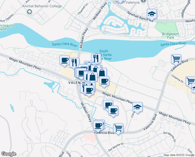 map of restaurants, bars, coffee shops, grocery stores, and more near 24307 Magic Mountain Parkway in Santa Clarita