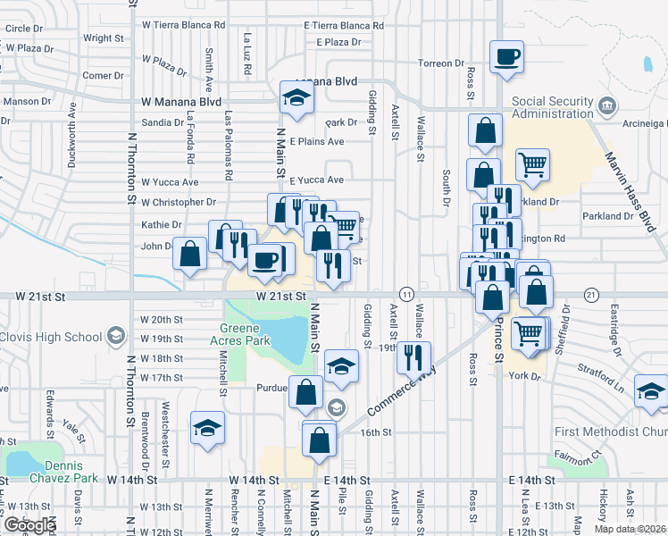 map of restaurants, bars, coffee shops, grocery stores, and more near 115 East 22nd Street in Clovis